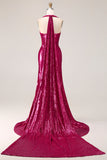 Sparkly Fuchsia Halter Mermaid Sequin Backless Long Prom Dress with Slit