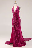 Sparkly Fuchsia Halter Mermaid Sequin Backless Long Prom Dress with Slit