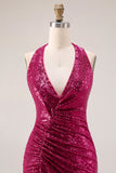 Sparkly Fuchsia Halter Mermaid Sequin Backless Long Prom Dress with Slit