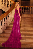 Sparkly Fuchsia Mermaid Halter Sequin Long Prom Dress with Slit