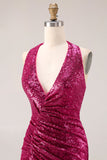 Sparkly Fuchsia Halter Mermaid Sequin Backless Long Prom Dress with Slit