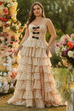 Apricot Black Polka Dots Strapless A Line Tiered Cut Out Long Plus Size Prom Dress with Slit
