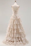 Strapless Apricot Black Polka Dots A Line Tiered Ruffle Cut Out Long Prom Dress with Slit