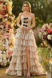 Strapless Apricot Black Polka Dots A Line Tiered Ruffle Cut Out Long Prom Dress with Slit