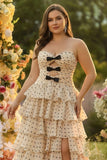 Apricot Black Polka Dots Strapless A Line Tiered Cut Out Long Plus Size Prom Dress with Slit