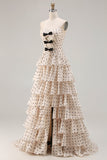 Strapless Apricot Black Polka Dots A Line Tiered Ruffle Cut Out Long Prom Dress with Slit