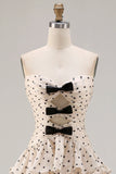 Strapless Apricot Black Polka Dots A Line Tiered Ruffle Cut Out Long Prom Dress with Slit