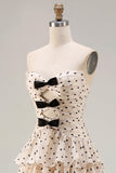Strapless Apricot Black Polka Dots A Line Tiered Ruffle Cut Out Long Prom Dress with Slit