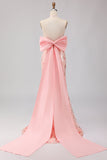 Sparkly Blush Halter Mermaid Side Slit Sequin Long Prom Dress with Large Bow