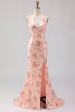 Sparkly Blush Halter Mermaid Side Slit Sequin Long Prom Dress with Large Bow