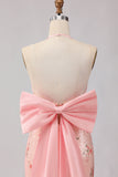 Sparkly Blush Halter Mermaid Side Slit Sequin Long Prom Dress with Large Bow