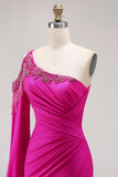 Glitter Fuchsia Mermaid One Shoulder Beaded Ruched Long Prom Dress with Slit