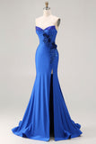 Royal Blue Strapless Mermaid 3D Flowers Beaded Long Prom Dress with Slit