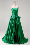 Dark Green Strapless A Line Bowed 2 Piece Long Prom Dress with Slit