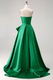 Dark Green Strapless A Line Bowed 2 Piece Long Prom Dress with Slit