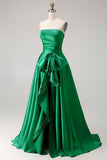 Dark Green Strapless A Line Bowed 2 Piece Long Prom Dress with Slit