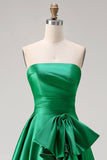 Dark Green Strapless A Line Bowed 2 Piece Long Prom Dress with Slit