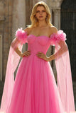 Off The Shoulder Hot Pink A Line Pleated Tulle Long Prom Dress with Streamer