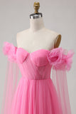 Hot Pink A Line Off the Shoulder Pleated Tulle Long Prom Dress with Streamer