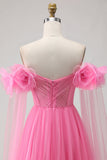 Hot Pink A Line Off the Shoulder Pleated Tulle Long Prom Dress with Streamer
