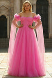 Hot Pink Off the Shoulder A Line Pleated Tulle Long Plus Size Prom Dress with Streamer