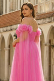 Hot Pink Off the Shoulder A Line Pleated Tulle Long Plus Size Prom Dress with Streamer