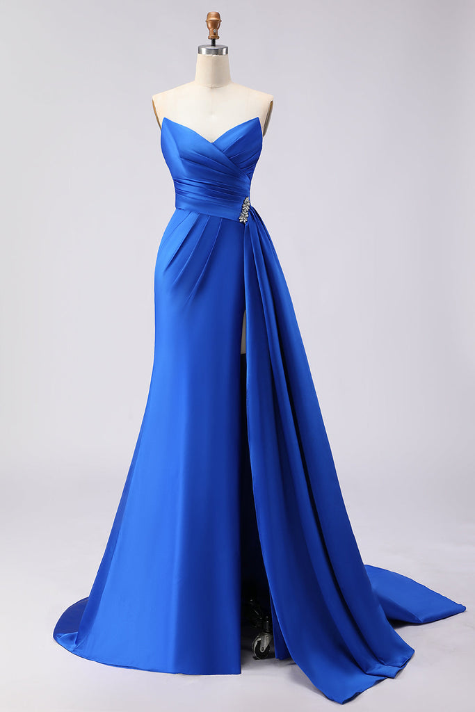 ZAPAKA Women Royal Blue Long Prom Dress with Slit Mermaid Strapless