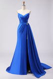 Royal Blue Strapless Mermaid Beaded Long Satin Prom Dress with Slit