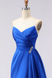 Royal Blue Strapless Mermaid Beaded Long Satin Prom Dress with Slit