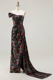 One Shoulder Sheath Blush Floral Print Long Prom Dress with Train