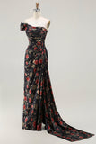 One Shoulder Sheath Blush Floral Print Long Prom Dress with Train