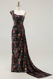 Black One Shoulder Sheath Red Floral Print Long Prom Dress with Flowing Train