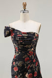 Black One Shoulder Sheath Red Floral Print Long Prom Dress with Flowing Train