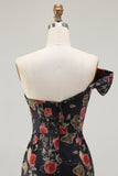 Black One Shoulder Sheath Red Floral Print Long Prom Dress with Flowing Train