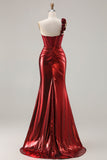 Metallic Burgundy One Shoulder Mermaid Side Slit Long Prom Dress with 3D Flowers