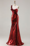 Metallic Burgundy One Shoulder Mermaid Side Slit Long Prom Dress with 3D Flowers