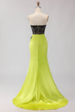 Strapless Mermaid Green Appliqued Lace Long Prom Dress with Slit