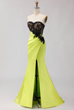 Strapless Mermaid Green Appliqued Lace Long Prom Dress with Slit
