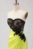 Strapless Mermaid Green Appliqued Lace Long Prom Dress with Slit