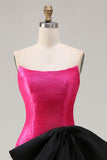 Strapless Fuchsia A-Line Convertible Satin Long Prom Dress with Large Bow