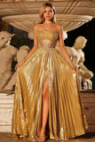 Metallic Golden Strapless Pleated A-Line Corset Beaded Long Prom Dress with Slit