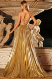 Metallic Golden Strapless Pleated A-Line Corset Beaded Long Prom Dress with Slit