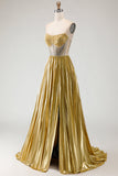 Metallic Golden Strapless Pleated A-Line Beaded Corset Long Prom Dress with Slit