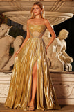 Metallic Golden Strapless Pleated A-Line Corset Beaded Long Prom Dress with Slit
