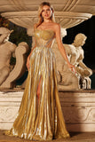 Metallic Golden Strapless Pleated A-Line Corset Beaded Long Prom Dress with Slit
