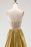 Metallic Golden Strapless Pleated A-Line Beaded Corset Long Prom Dress with Slit