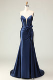 Navy Mermaid Strapless Corset Ruched Beaded Long Prom Dress with Bow
