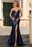 Navy Mermaid Strapless Corset Ruched Beaded Long Prom Dress with Bow