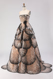 Sparkly Black Apricot Strapless A Line Sequin Tiered Princess Long Prom Dress
