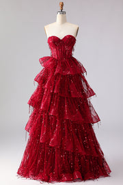 Sparkly Princess Burgundy Sweetheart Fringed Sequin Long Prom Dress with Ruffles